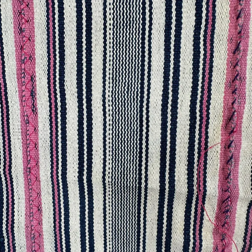 Striped Woven Textile Throw Pink Navy Cream Fringe Boho Global Eclectic Decor